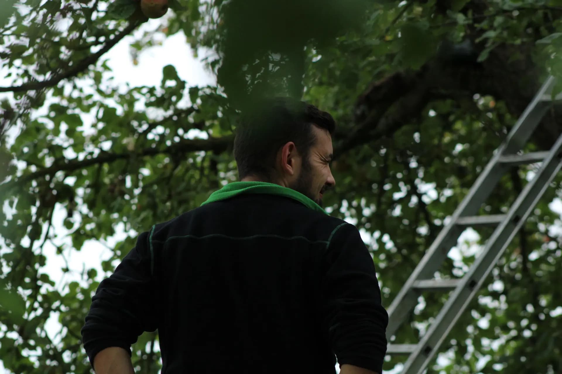 Jakob zwinkernd vor einem Apfelbaum